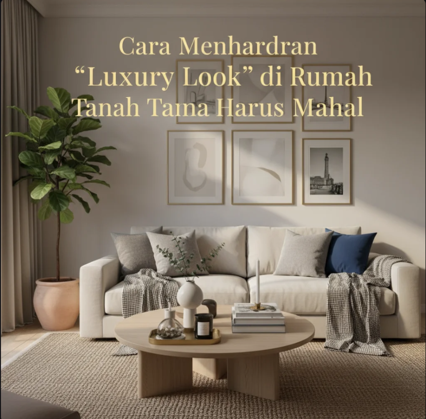 Ruang tamu bergaya modern dengan warna netral, pencahayaan hangat, dan dekorasi minimalis elegan.