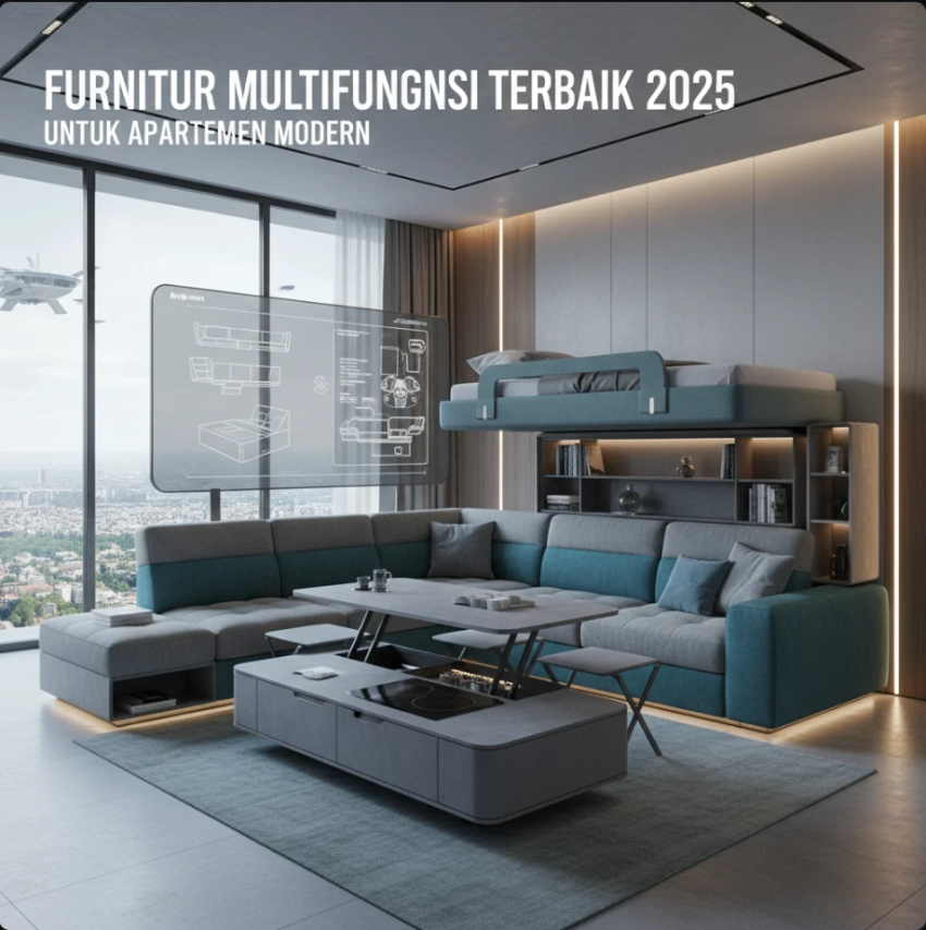 Ruang apartemen modern dengan furnitur multifungsi seperti sofa lipat dan meja modular dalam desain minimalis futuristik.