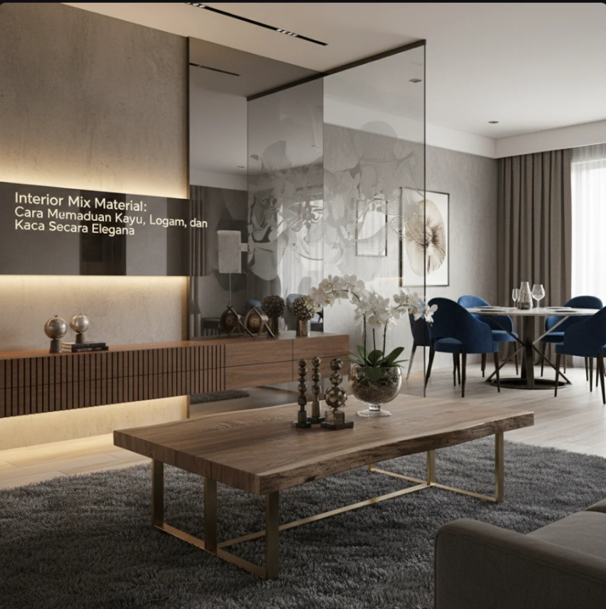 Ruang tamu modern dengan kombinasi kayu alami, logam hitam, dan kaca transparan dalam harmoni elegan.