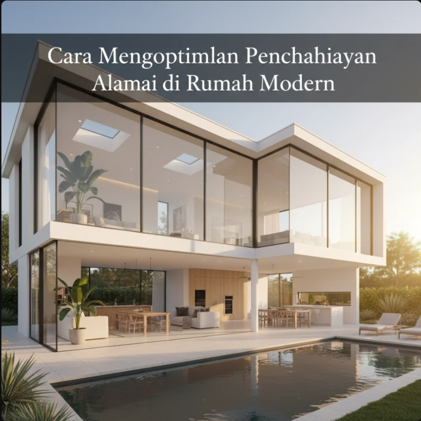 Ruang tamu modern dengan pencahayaan alami dari jendela besar dan interior minimalis.