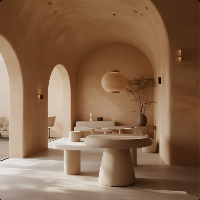 Ruang interior minimalis dengan pencahayaan alami dan sentuhan elemen alami yang menenangkan