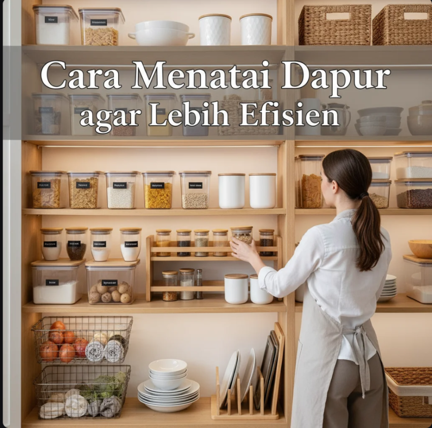 Lemari dapur modern dengan rak bertingkat, wadah transparan berlabel, dan tata letak yang rapi.