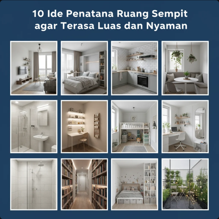 Ruang sempit bergaya minimalis dengan cermin besar, warna terang, dan furnitur multifungsi.