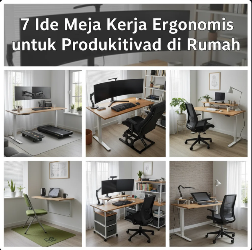 Meja kerja ergonomis minimalis di ruang kerja rumah dengan kursi nyaman, tanaman hijau, dan cahaya alami.