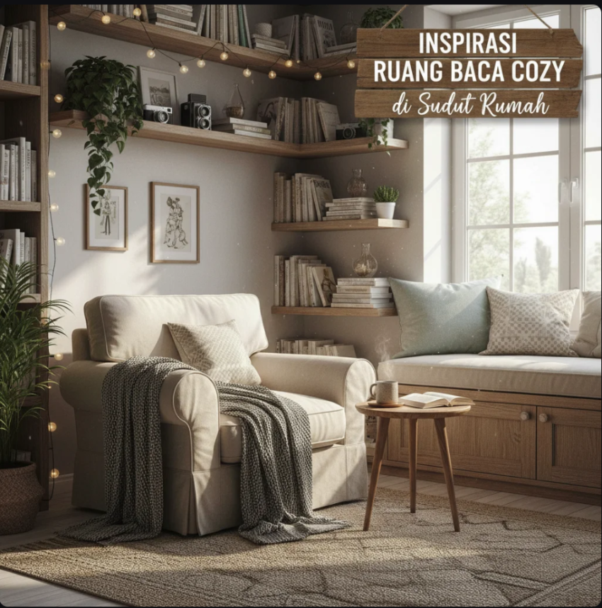 Ruang baca cozy dengan kursi empuk, lampu hangat, dan rak buku minimalis.