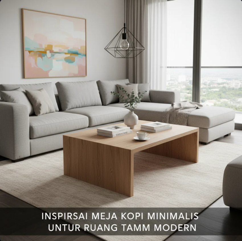 Meja kopi minimalis berbahan kayu dan kaca di ruang tamu modern bergaya skandinavia.