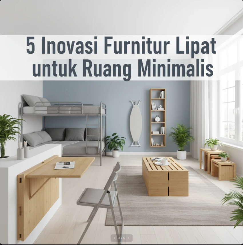 Desain interior minimalis dengan meja lipat dinding dan sofa multifungsi di ruangan modern yang rapi dan terang.