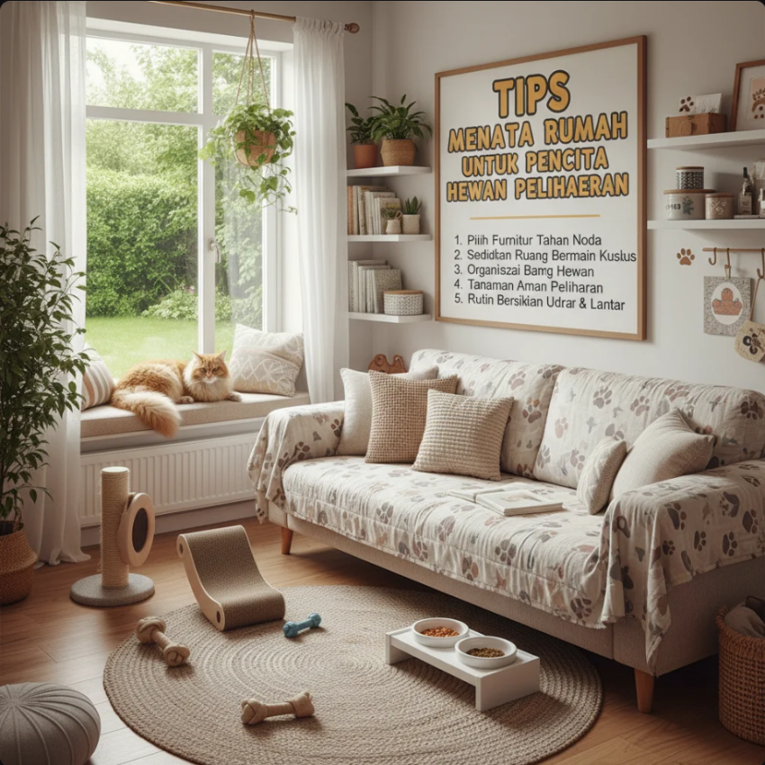 Ruang tamu modern yang ramah hewan peliharaan dengan furnitur tahan gores dan area khusus hewan.