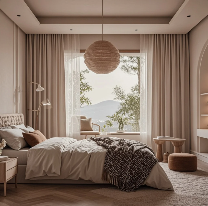 Kamar tidur minimalis hangat dengan bedding putih, lampu ambient, rak kayu, dan dekor wall art estetik ala Pinterest