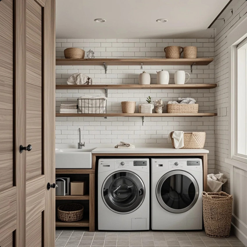 Laundry room minimalis dengan mesin front load, kabinet putih, countertop kayu, rak terbuka, dan keranjang rotan yang rapi