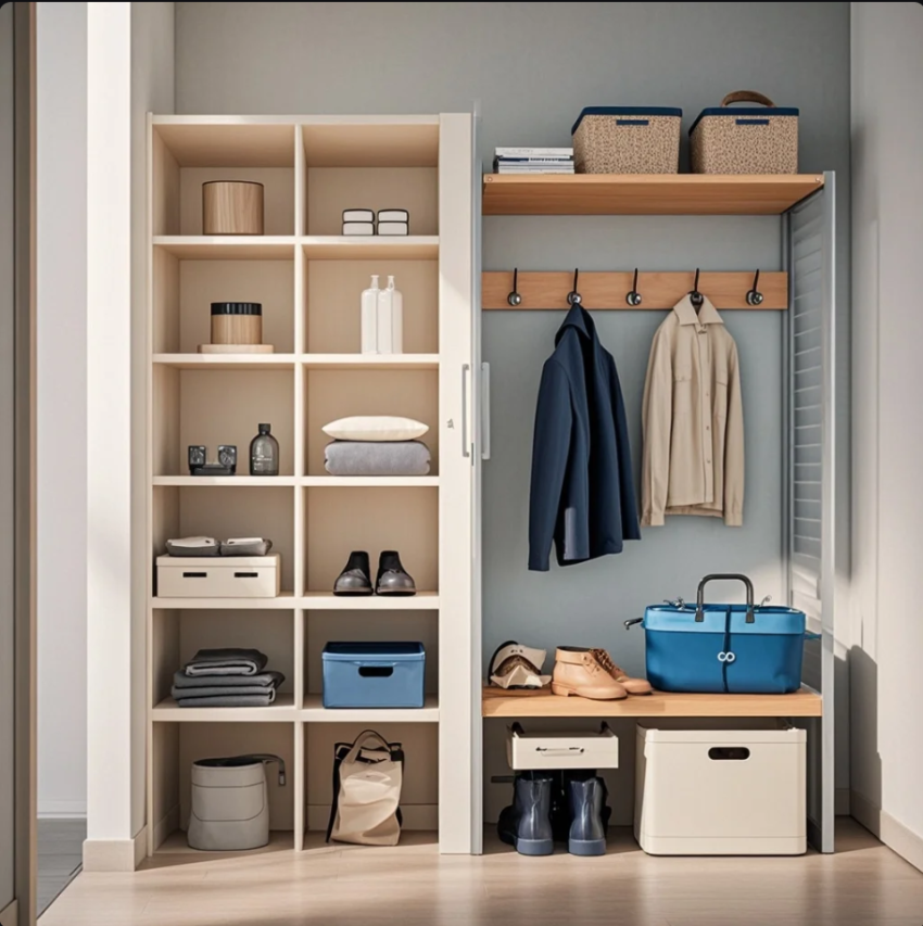 Ruang ganti minimalis dengan lemari built-in, cermin full body, bench kecil, dan pencahayaan hangat yang rapi