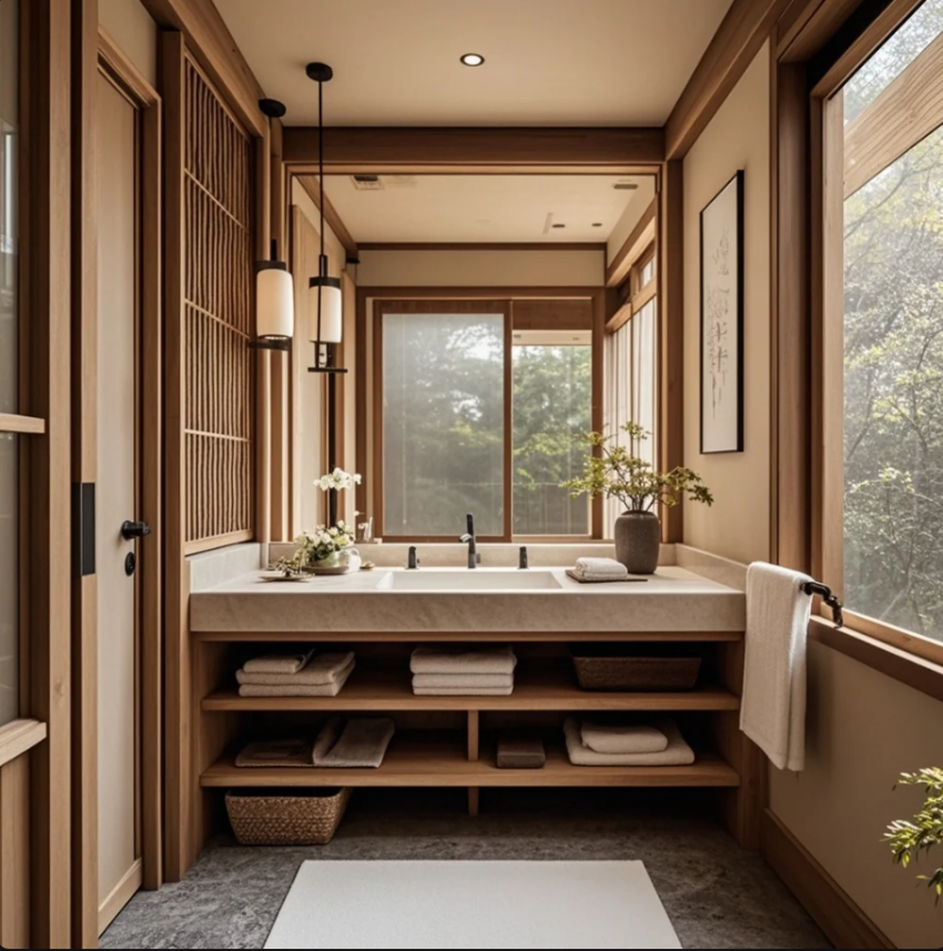 Kamar mandi Japandi modern dengan dinding netral, kayu terang, lampu hangat, dan tanaman kecil di sudut