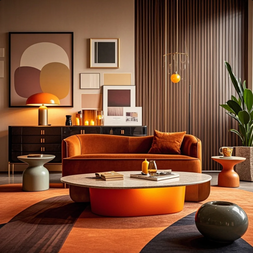 Papan mood board berisi contoh warna, potongan kain, tekstur kayu, dan foto referensi interior di meja kerja