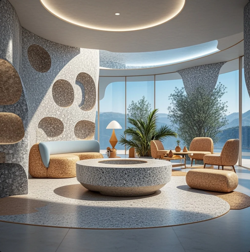 Kolase material interior 2025: terrazzo, cork, kayu natural, dan tekstur batu dengan warna hangat.