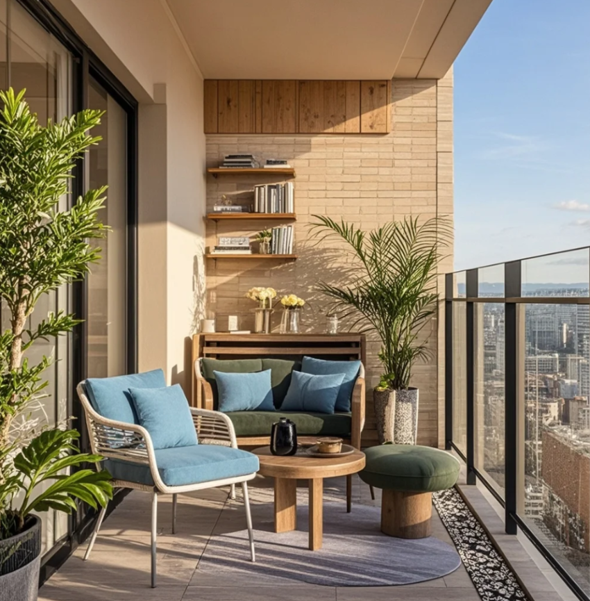 Ilustrasi balkon kecil dengan kursi nyaman, tanaman hijau, dan lampu hias untuk area santai