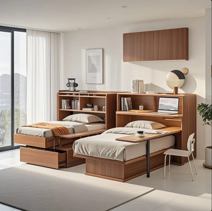 Ruang tamu modern dengan sofa smart berfitur charger, lampu pintar, dan meja minimalis dengan kontrol digital