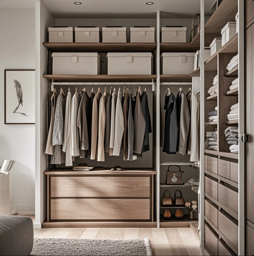 Lemma ri built-in custom di rumah kecil dengan pintu geser dan kompartemen rapi, nuansa minimalis hangat